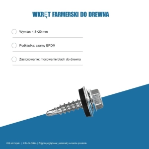 Wkręty farmerskie do blachy 4,8x20 mm do drewna – ocynk, 250 szt.